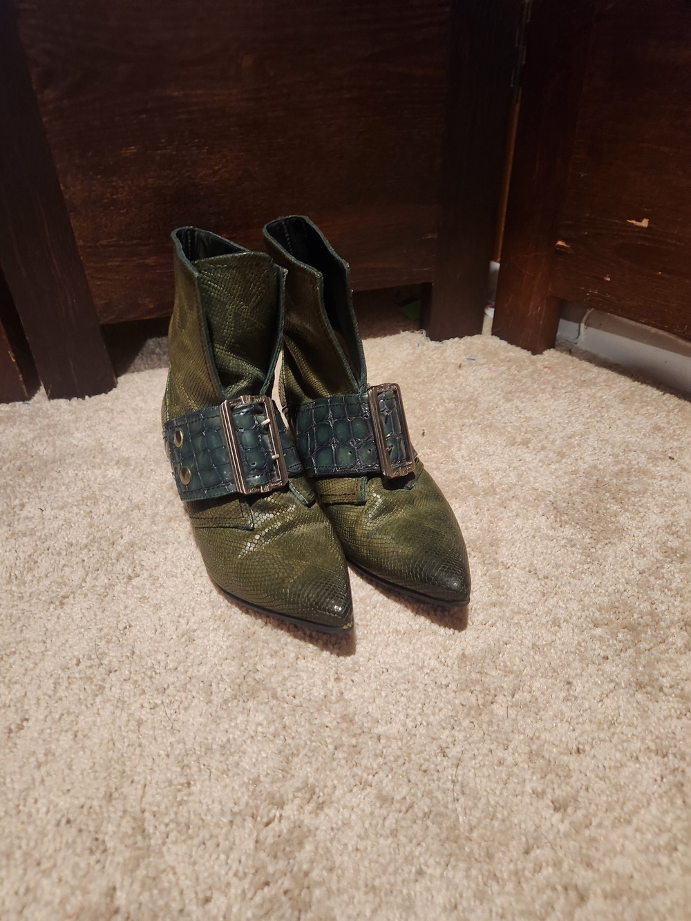 John Fluevog Olive Green Pointed Ankle Boots with Buckle